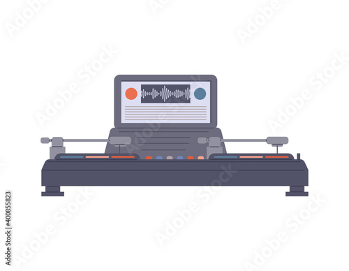 Professional dj console with digital monitor flat vector illustration isolated.