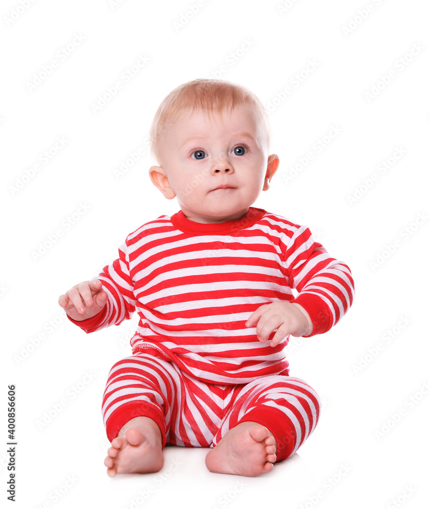 Cute baby in bright pajamas on white background Cute baby in bright pajamas on white background
