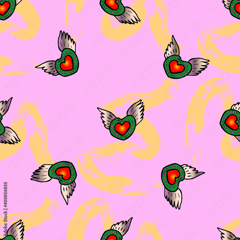 Fototapeta premium Seamless cute kawaii pattern with hearts wings. Pink background, red, yellow. Design print, wallpaper, packing paper, textiles, clothes, fabric, Valentine's day.
