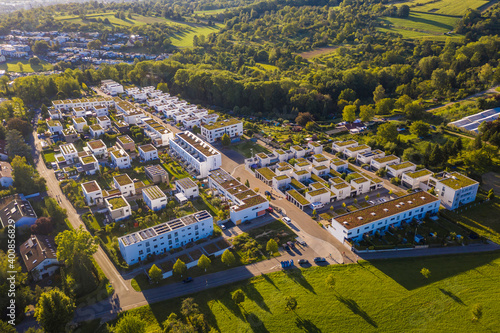 Germany, Baden-Wurttemberg,ÔøΩEsslingenÔøΩam Neckar, Aerial view of modern energy efficient suburb