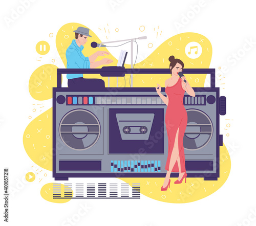 Vintage singer performance, retro music poster of cartoon woman singing