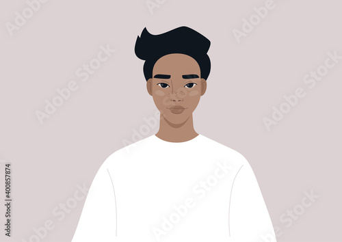 A portrait of a young male Hispanic character wearing a simple long sleeve, millennial and generation z lifestyle