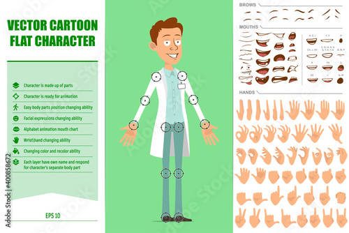 Cartoon flat funny doctor man character in white uniform with badge. Ready for animations. Face expressions, eyes, brows, mouth and hands easy to edit. Isolated on green background. Vector set.