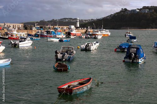 St. Ives' harbour and Smeaton's Pier at high tide from Wharf Road, St Ives, Cornwall, UK