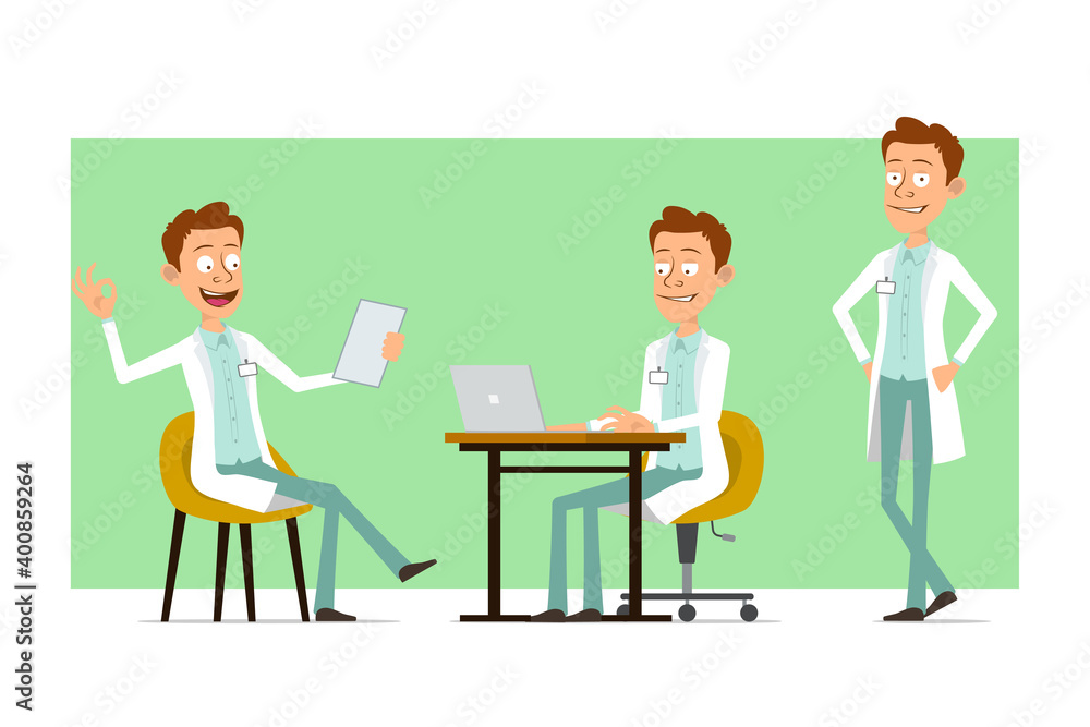 Cartoon flat funny doctor man character in white uniform with badge. Boy working on laptop and showing okay sign. Ready for animation. Isolated on green background. Vector set. Cartoon flat funny doctor man character in white uniform with badge. Boy working on laptop and showing okay sign. Ready for animation. Isolated on green background. Vector set.