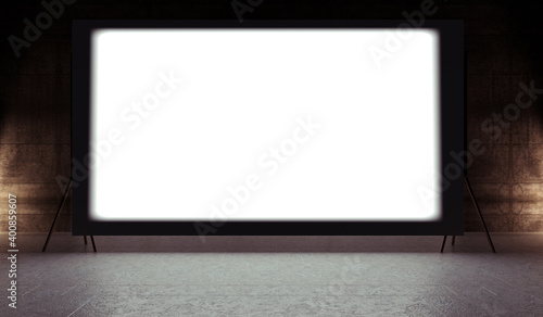 Projection screen on stage. 3d illustration.Presentation board, blank whiteboard for conference. Free space for advertising