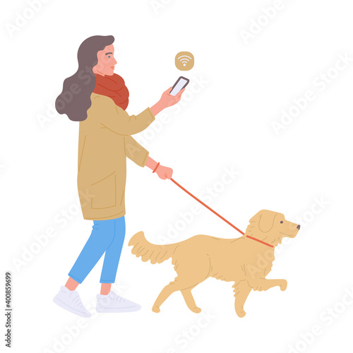 Cartoon woman walking a dog and using smartphone to find internet