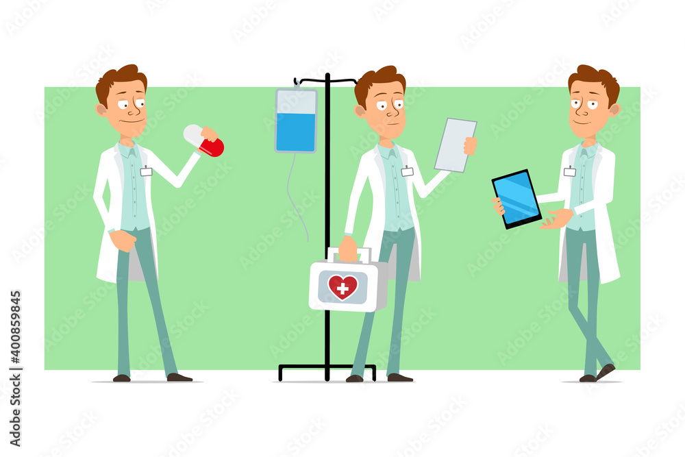 Cartoon flat funny doctor man character in white uniform with badge. Boy holding pill and carrying medical first aid kit. Ready for animation. Isolated on green background. Vector set. Cartoon flat funny doctor man character in white uniform with badge. Boy holding pill and carrying medical first aid kit. Ready for animation. Isolated on green background. Vector set.