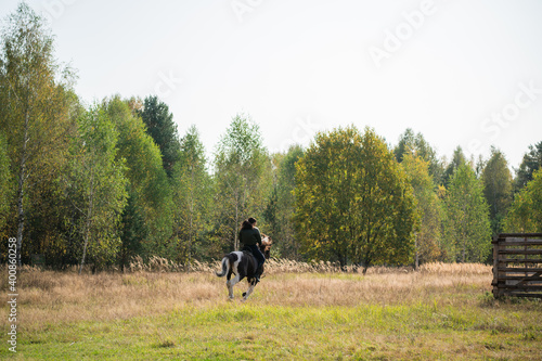 On a sunny day, the girl takes a ride on horseback through the expanses of her estate.