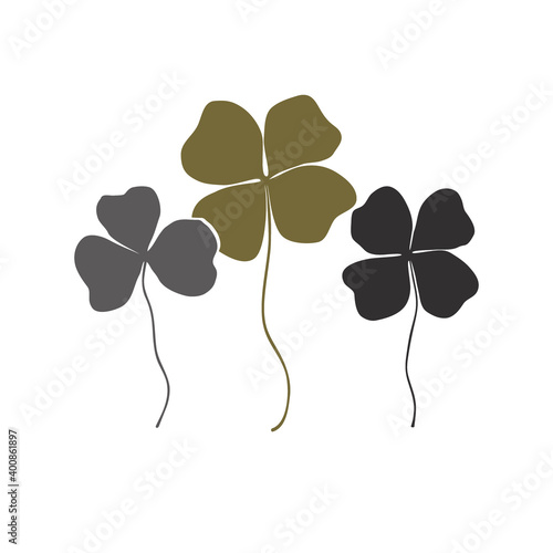 Clovers with four and three leaves bouquet. Shamrock logo or sign icon. Saint Patrick symbol, stylish and simple design. Vector Flat design set