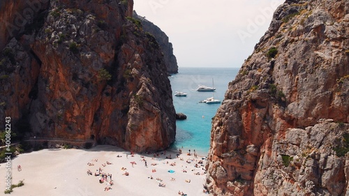 aerial view of small beach of Mediterranean sea, between cliffs, Sa Calobra, Torrent De Pareis beach,Serra De Tramuntana, Mallorca, Spain,. High quality photo