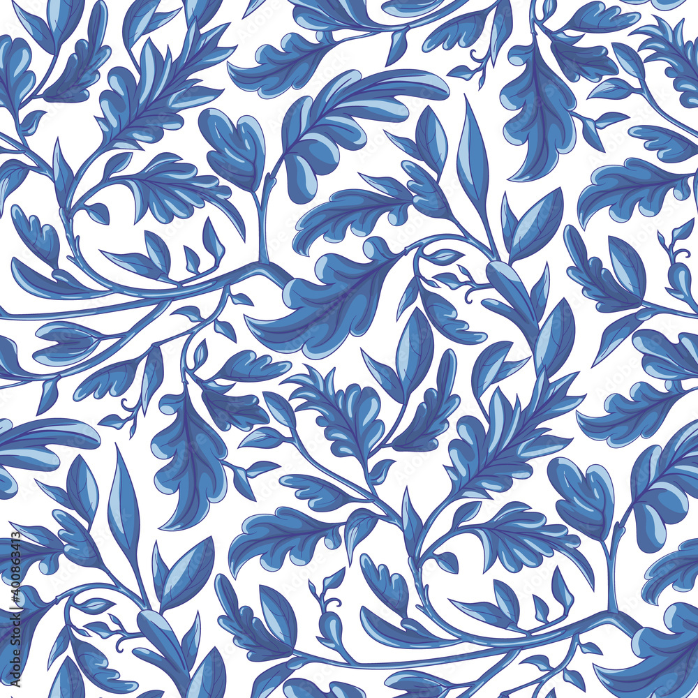 Blue fantasy sprig and branches pattern inspired indian paisley culture. Floral seamless folk background in oriental style. Blue fantasy sprig and branches pattern inspired indian paisley culture. Floral seamless folk background in oriental style.