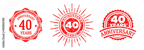 A group of 40 years anniversary logos drawn in the form of stamps, red frames for celebration. Grunge rubber stamp texture. Holiday stamps. Collection of postage stamps. Vector round stamps