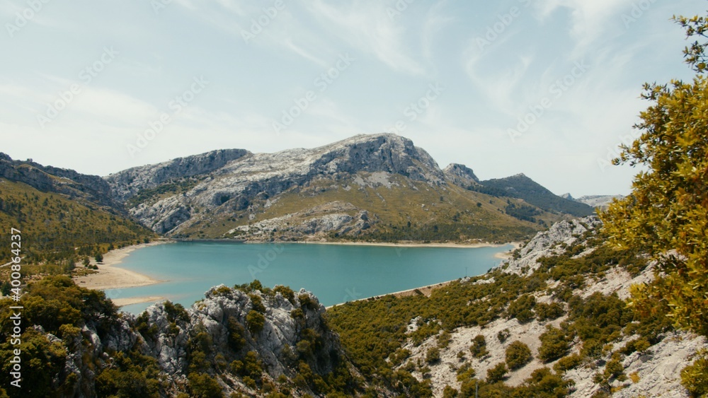 Scenic shot of the water reservoir of Embassament de Cuber in Fornalutx, Majorca, Spain. High quality photo