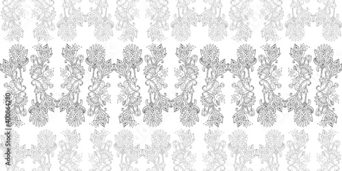 Stylish white  floral kalamkari ornament pattern on black background. Vector surface design for fabric, apparel textile, book, interior, wallpaper