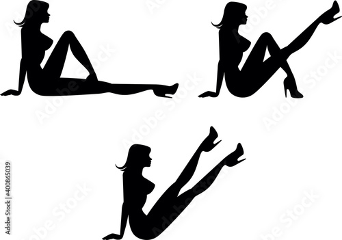 Set of black silhouettes of a young girl stripper in different poses vector illustration