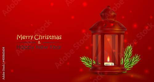 Red banner with red latern, lamp with candle, tea light, branches, fir and lettering Merry Christmas and Happy New Year. Holiday vector illustration for card, flyer, advertising, posters, partyes.