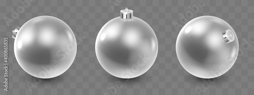 Silver glass Christmas balls with shadow and reflex on transparent background. Happy New Year card, design for flyer, poster, decor, banner, web, advertising. Vector illustration. 