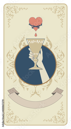 Aces of Tarot Cards. Cups. Hand holding a golden cup under a symbolic heart surrounded by thorns. Waves of water in the background.