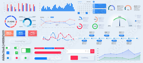 Infographic dashboard template with flat design graphs and pie charts. Information Graphics elements for web design. Web elements in moden style. Bundle infographic UI, UX, KIT elements. Vector photo