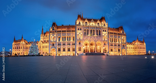 Night view on the Hungarian Parliament with the Christmas tree