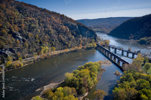 USA, West Virginia, Harpers Ferry, Aerial view of twin bridges over confluence of Potomac and Shenandoah rivers photo