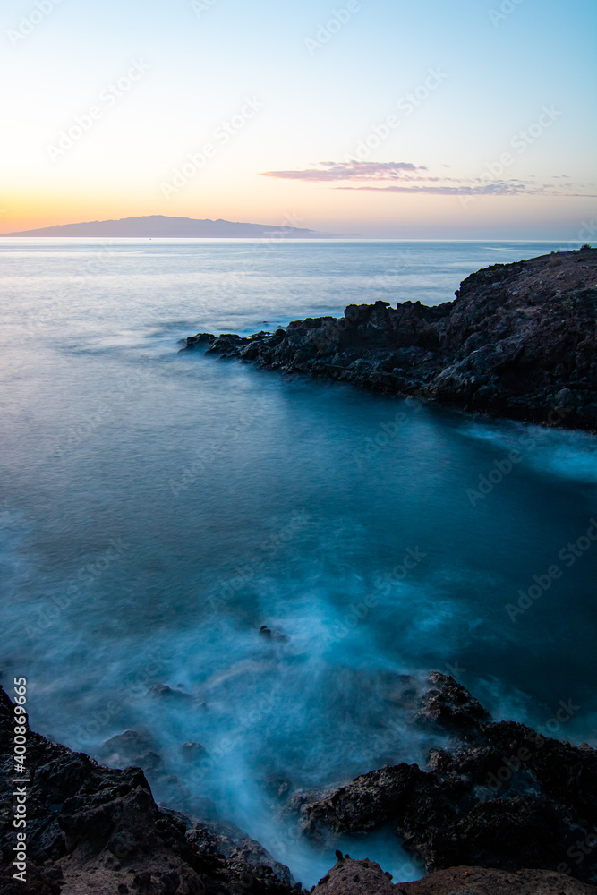 Dramtic sunset at sea coastline on Tenerife island, canary islands