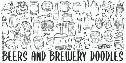 Beers Collection, doodle icon set. Brewery Style Vector illustration. Drinks Banner Hand drawn Line art style.