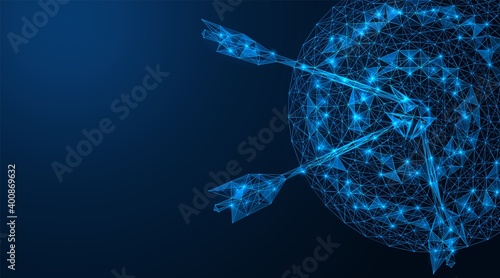 Target, three arrows hit exactly in the center. Polygonal construction of concatenated lines and points. Blue background.