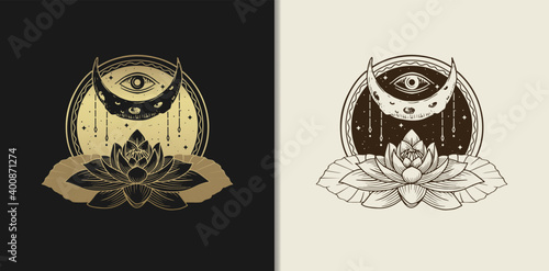 Moon, eye and lotus flower luxury gold hand drawn engraving style vector illustration.
