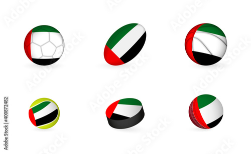 Sports equipment with flag of United Arab Emirates. Sports icon set.