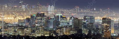 Oakland and San Francisco Skyline Panorama with Holidays Lights via Oakland Hills