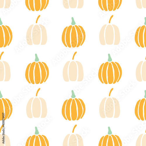 Classic orange pumpkins in rows seamless pattern. Hand-drawn pumpkins of different shapes in on a white background, vector illustration.