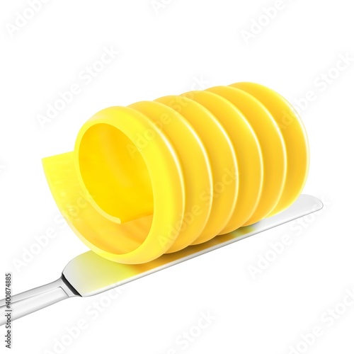 Realistic close up butter curl on knife. Vector illustration isolated on white background. Ready for your design. EPS10.