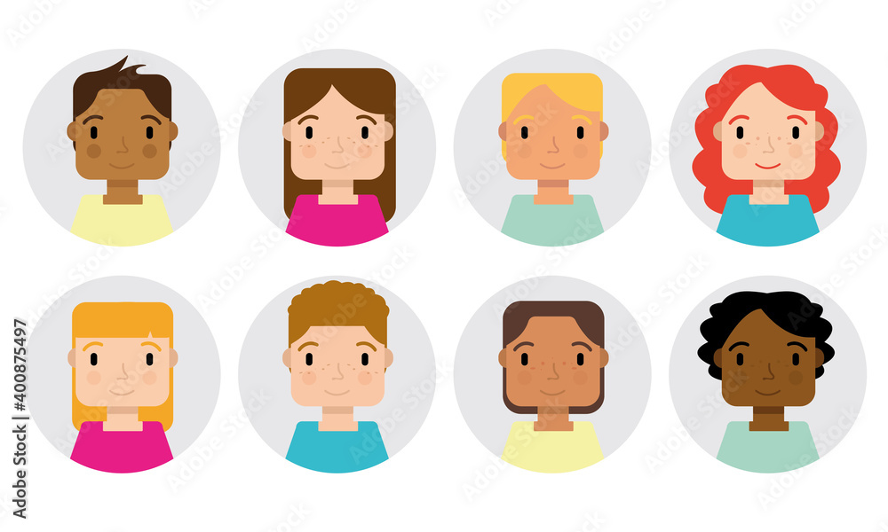 Hand drawn flat style vector design concept illustration of a diverse group  of men and women, male and female faces avatars. Flat style round vector  icons character avatar set. Stock Vector |