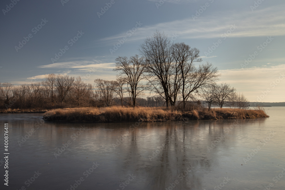 December landscape with a frozen lake and an island