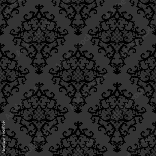 Seamless baroque style damask ornamental pattern. Hand drawn black texture on dark grey background