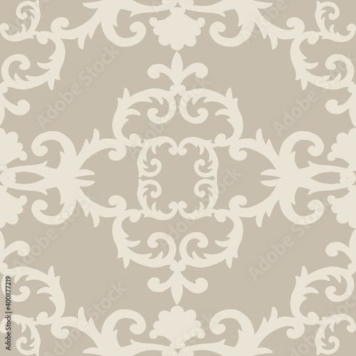 Seamless baroque style damask ornamental pattern. Hand drawn beige texture