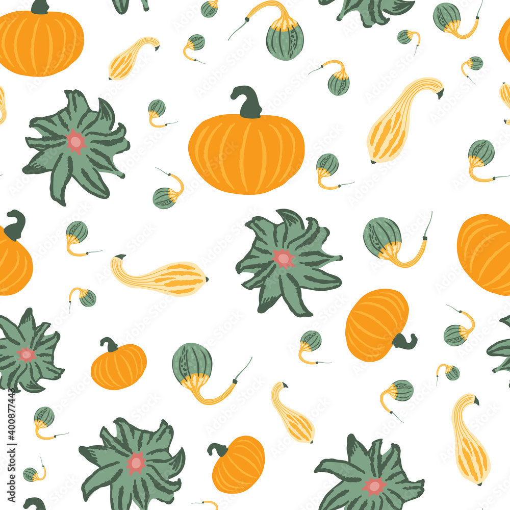 Vector illustration of repeat pattern with classic mixed pumpkins on a white background. Vector illustration of repeat pattern with classic mixed pumpkins on a white background.