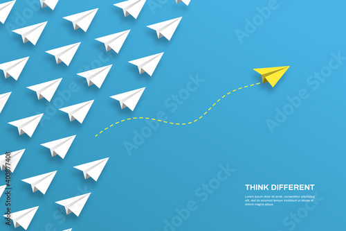 Think differently concept. Yellow airplane changing direction. Concepts: change, unique, trend, courage, innovation, different.