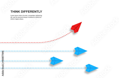 Think differently concept. Red airplane changing direction. Concepts: change, unique, trend, courage, innovation, different.