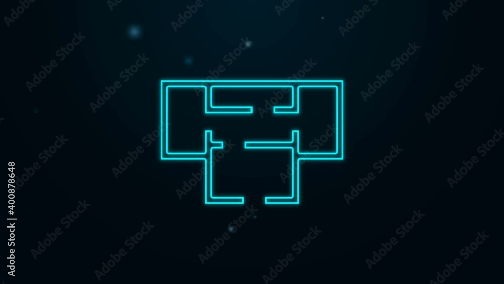 Glowing neon line House plan icon isolated on black background. 4K Video motion graphic animation Glowing neon line House plan icon isolated on black background. 4K Video motion graphic animation