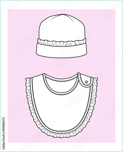 Baby beanie, bib set flat sketch template