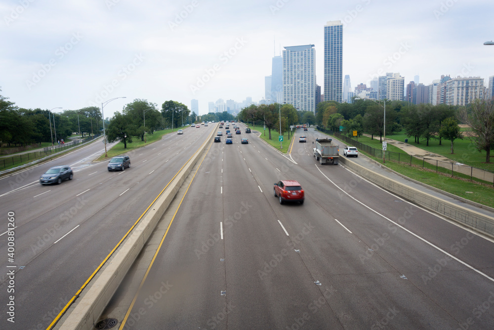 Highways leading in Chicago with highrise buildings ahead