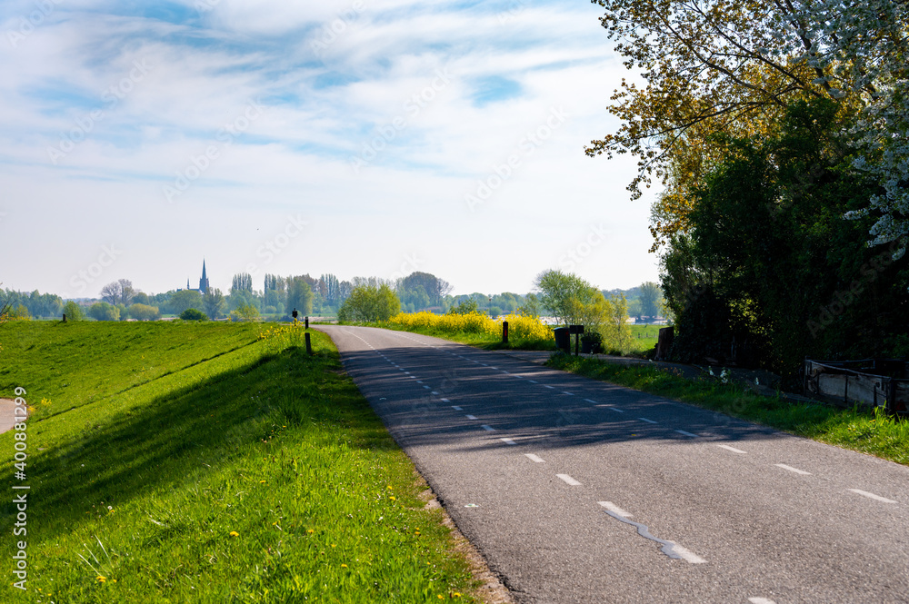 Spring nature landscape with dam road along Waal river in Betuwe, Gelderland, Netherlands Spring nature landscape with dam road along Waal river in Betuwe, Gelderland, Netherlands
