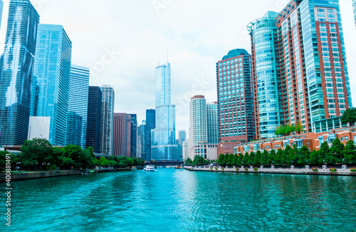 Chicago River flowing between city high-rise to Lake Michigan.