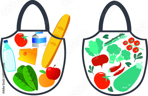 Time to detox. Eco shopping bag with summer vegetables. vegan grocery basket with bread, fruit, cheese, water. Vector illustration