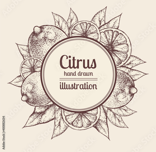 Vintage vector label design for citrus juice packaging. Frame with place for text surrounded by whole lemons and slices. Banner for advertising organic products. Imitation of etching. Freehand sketch.