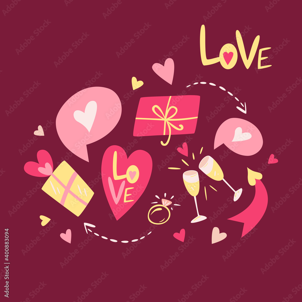 Valentine's day stickers. Decor and symbols. Gifts, champagne, wedding ring, speech bubble, Cupid's arrows, love Valentine's day stickers. Decor and symbols. Gifts, champagne, wedding ring, speech bubble, Cupid's arrows, love