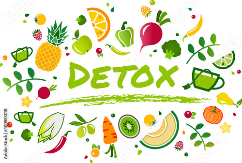 detox diet vector illustration. Concept with food icons related to: juice cleanse, organic or green ingredients, detoxification.